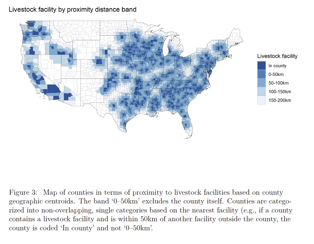 Livestock facility by proximity distance band