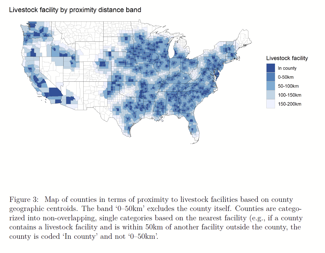 Livestock facility by proximity distance band